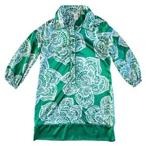 Vertigo Green and White Silky Floral Shirtdress XL